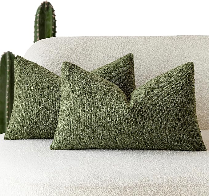 Foindtower Pack of 2 Modern Textured Boucle Throw Pillow Covers Accent Solid Decorative Lumbar Pillow Cases Cozy Couch Cushion Case for Chair Sofa Bedroom Living Room Home Decor, 12 x 20 Inch,Green