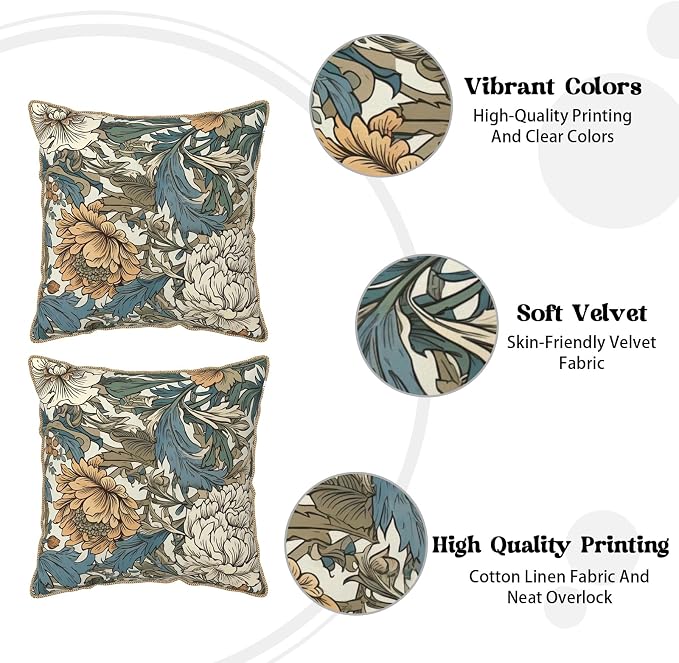 KSLIDS Vintage Flowers Soft Velvet Throw Pillow Covers Set of 2 Floral Plant Leaves Decorative Pillow Covers 20x20 Inch Yellow White Flowers Pillow Case for Sofa Couch Bedroom Farmhouse Home Decor
