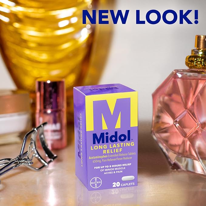 Midol Long Lasting Relief 20ct: Midol Long Lasting Relief, Menstrual Symptom Reliever & Fever Reducer, Caplets with Acetaminophen for Menstrual Pain Relief - 20 Count (Packaging May Vary)