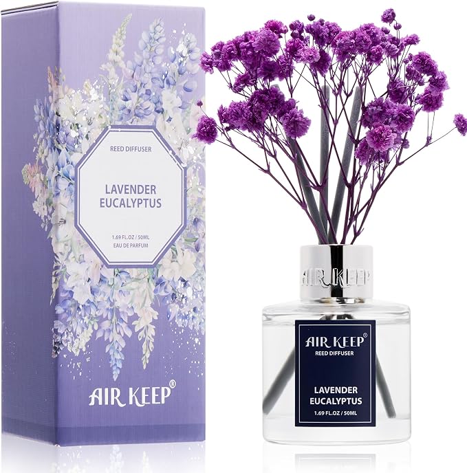 Airkeep Reed Diffuser Set,1.69 fl oz (50 ml) - Lavender Eucalyptus Oil Diffusers with 8 Reed Sticks,Home Fragrance Reed Diffuser for Bathroom Shelf Decor