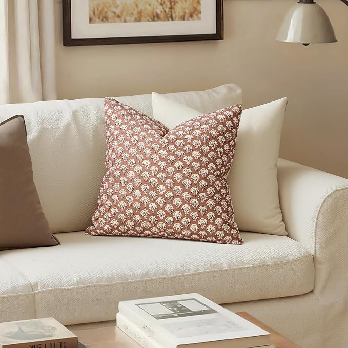 MIULEE Floral Print Decorative Euro Pillow Covers 22x22, Almond | Vintage Boho Farmhouse Modern Home Decor, Set of 2, Block Print Cushion Covers for Couch Sofa Bed Living Room