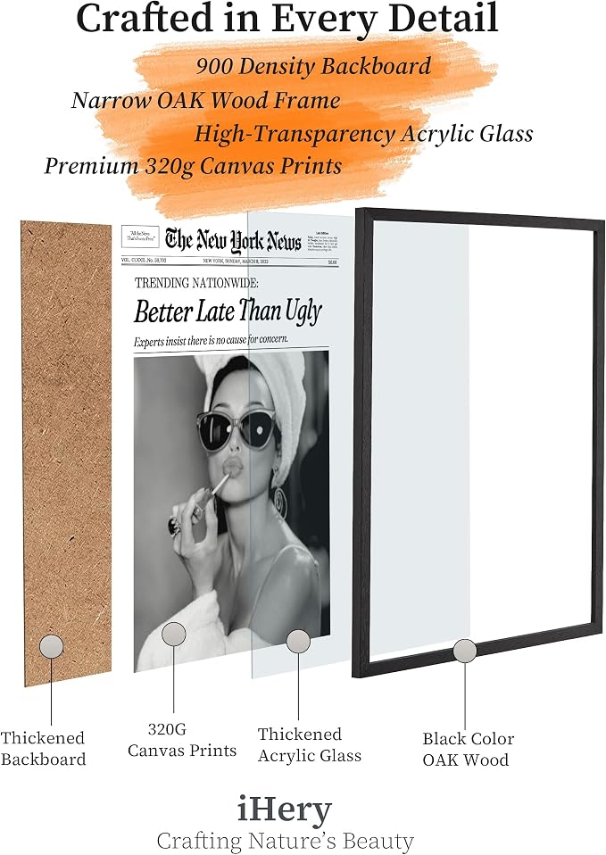 iHery 18x24in Audrey Hepburn Better Late Than Ugly Framed Bathroom Art | Premium Black Natural OAK Wood Frame with Canvas Print, Vintage Fashion Wall Decor for Bedroom, Apartment Girl Dorm, 1Pack