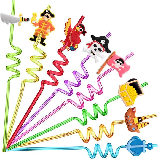 24 Pirate Party Favors Reusable Plastic Straws for Pirate Themed Birthday Party Supplies Decorations with 2 Cleaning Brushes