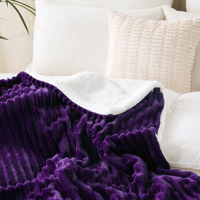 Purple Sherpa Fleece Throw Blanket 60”×80”for Couch Sofa Bed | Double Side Soft Fuzzy Cozy Plush Thick Flannel Blanket with Striped Design Gift for Adults,Woman