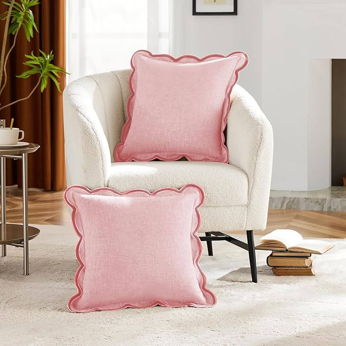 Ohocut Scalloped Pillow Cover Pack of 2 Spring Chenille Decorative Throw Pillow Covers Cute Boho Couch Pillow Covers Aesthetic Funky Preppy Pillow Cases for Sofa Living Room (Blush Pink, 18x18 Inch)