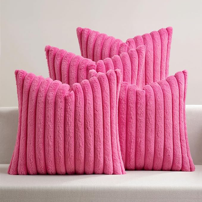 MIULEE Faux Fur Plush Decorative Throw Pillow Covers 20x20, Hot Pink | Set of 4, Striped, Soft Romantic Modern Cozy Home Decor, Cushion Cases for Sofa Couch Bed Living Room