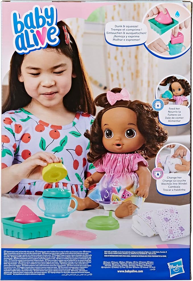 Baby Alive Fruity Sips Doll, Lemon, Toys for 3 Year Old Girls, 12-inch Baby Doll Set, Drinks & Wets, Pretend Juicer, Kids 3 and Up, Brown Hair