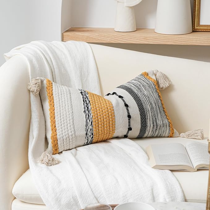 Decorative Lumbar Throw Pillow Cover 14x24 Boho Yellow Mustard Accent Cushion for Couch Sofa Farmhouse Pillowcase for Bedroom Living Room Home Décor Cover ONLY