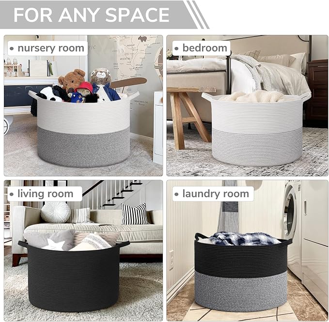 INDRESSME 115L Extra Large Woven Rope Blanket Basket Living Room, White | Storage baskets for organizing toys, laundry & pillows. Fits living room, bedroom or nursery décor. Soft-touch with handles