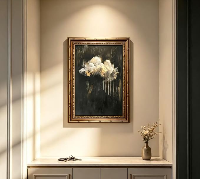 Vintage Gold Framed Cloud Wall Art Abstract Cloud Rain Landscape Canvas Print Dark Moody Cloud Picture Wall Decor Abstract Gothic Sky Landscape Academia Poster Artwork for Living Room Bedroom