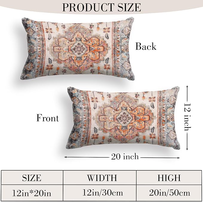 Boho Throw Pillow Covers 12x20 inch Set of 2,Boho Vintage Carpet Pattern Antique Ethnic Decor Double Sided Pattern Cushion Cover Soft Pillow Case Living Sofa Room Bed Square Pillow Cover