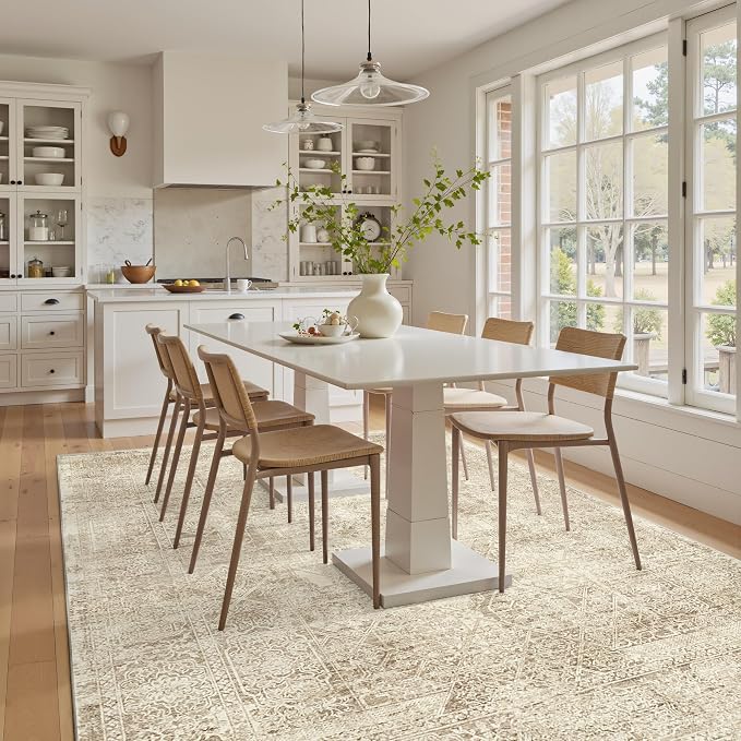 Soalmost 5x7 Area Rugs Light Brown Washable Trendy Faded Style Floral Rugs | Vintage Non-Slip Indoor Accent for Bedroom Dining, Foldable Stain Resistant Floor Carpet Mat Under Table Home Office Decor