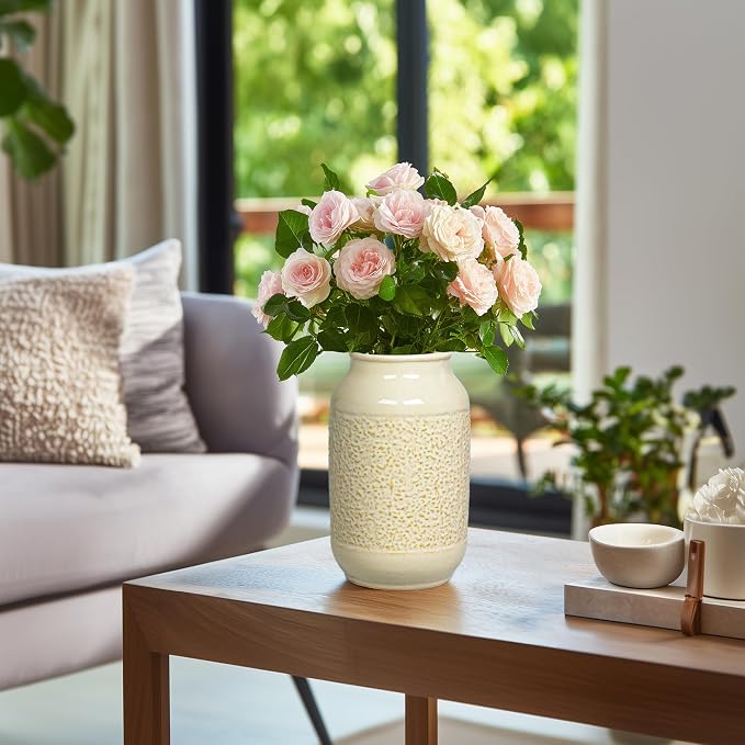 Beige Ceramic Vase for Flowers - 9 Inch Textured Cream Vase for Pampas Grass, Modern Farmhouse Vases for Home Decor, Table Centerpiece, Shelf, and Mantle Decor
