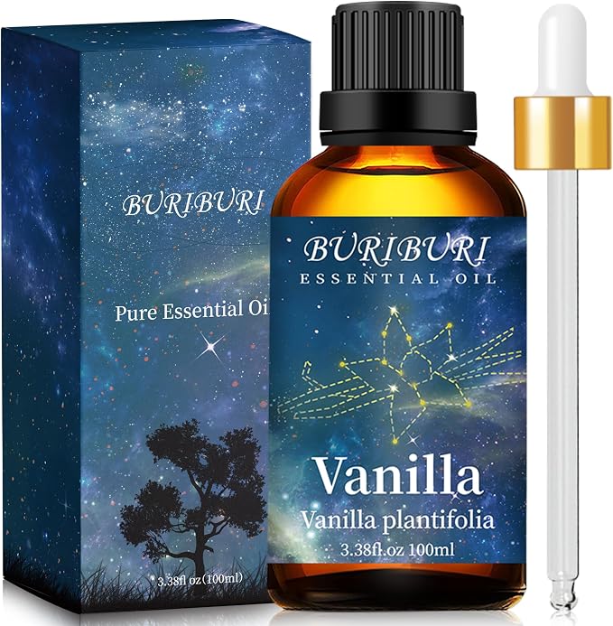 BURIBURI 100ML Vanilla Essential Oil, 100% Pure Undiluted Aromatherapy Vanilla Oil 3.38fl.oz for Soap, Candle Making, Massage, Diffuser, Humidifier
