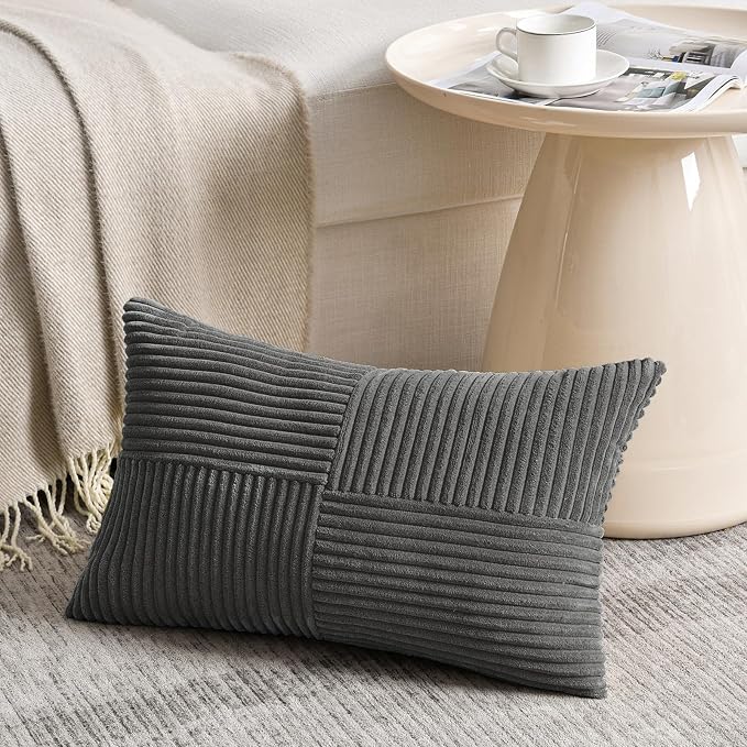 Fancy Homi 2 Packs Dark Gray Long Lumbar Decorative Throw Pillow Covers 12x24 Inch for Couch Bed Sofa, Rustic Farmhouse Boho Home Decor, Soft Striped Corduroy Rectangle Accent Cushion Case 30x60 cm
