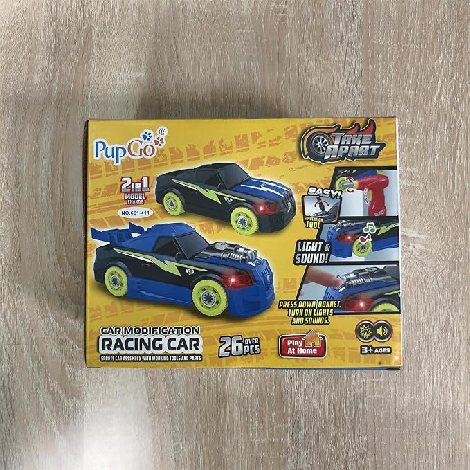 Pup Go Take Apart Toy Racing Car for Kids Age 3+ Year Old, 2 in 1 Build Your Own Car with Realistic Sounds & Lights, Construction Vehicle Toys with Electric Drill, Ideal Gitfs for Boys(4 Spare Screws)