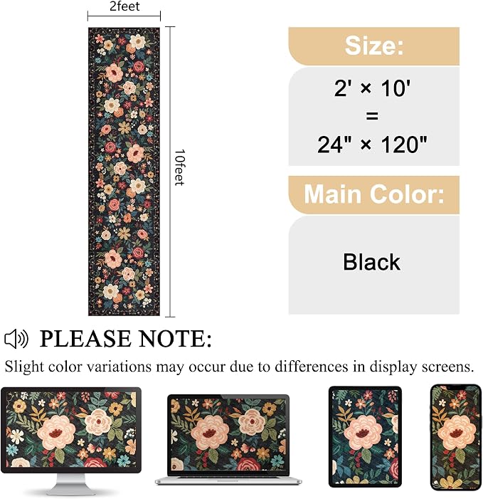 DUKINO 2x10 Runner Rug, Floral Washable Kitchen Runner Rug Non Slip, Black | Soft, Low Pile, Stain Resistant Indoor Rug Runner for Hallway, Entryway, Bedroom, Bathroom, Laundry, Pet Friendly, Home Decor