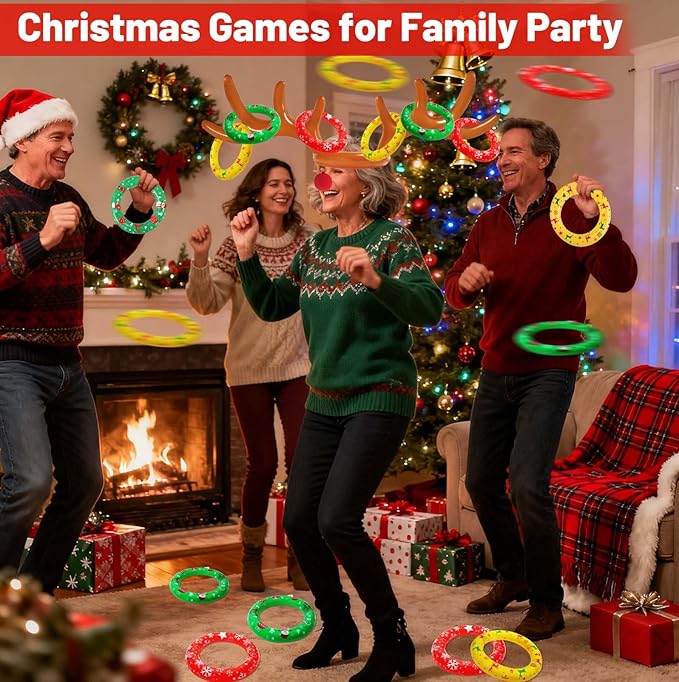 Christmas Games Gifts for Kids Teen Adults, Inflatable Reindeer Antler Ring Toss Game, Office Party Favors Supplies, Indoor Outdoor Carnival Holiday Family Party Toys