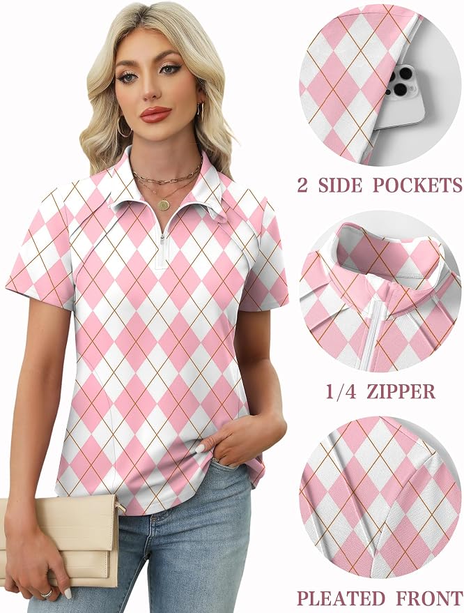LOMON Womens Golf Polo Shirt Summer Short Sleeve Quarter Zip Outfit | Side-Pockets,Princess Seams,Cotton,Wrinkle Free,Moisture Wicking,Quick-Dry,Lightweight,Collared,for Tennis Workout