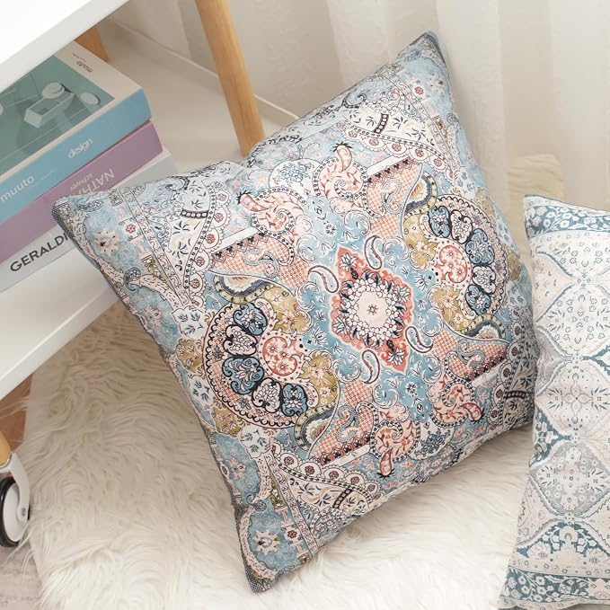 Boho Floral Throw Pillow Covers 18x18 inch Set of 2,Blue Boho Rug Geometric Floral Pattern Decor Double Sided Pattern Cushion Cover Soft Pillow Case Living Sofa Room Bed Square Pillow Cover