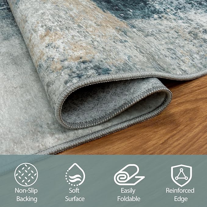 8x10 Area Rugs for Living Room Rug Washable: Abstract Large Rug for Dining Room Bedroom Carpet Non Slip 8 by 10 Indoor Modern Nursery Home Office Teal Grey Gold