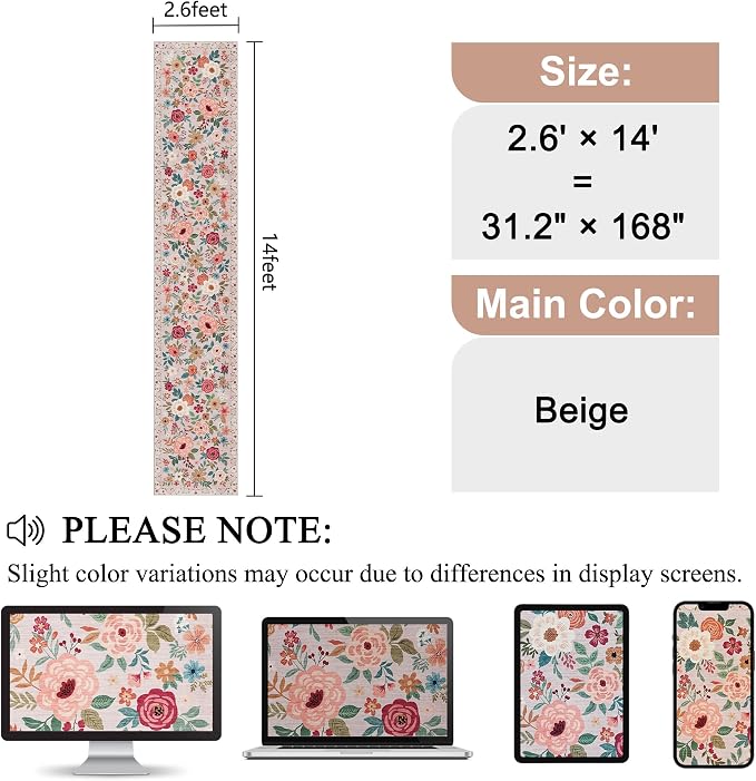 DUKINO 2.6x14 Washable Runner Rug, Floral Non Slip Long Runner Rug, Beige | Soft, Low Pile, Ultra Thin Indoor Rug Runner for Hallway, Entryway, Kitchen, Bedroom, Bathroom, Pet Friendly, Home Decor
