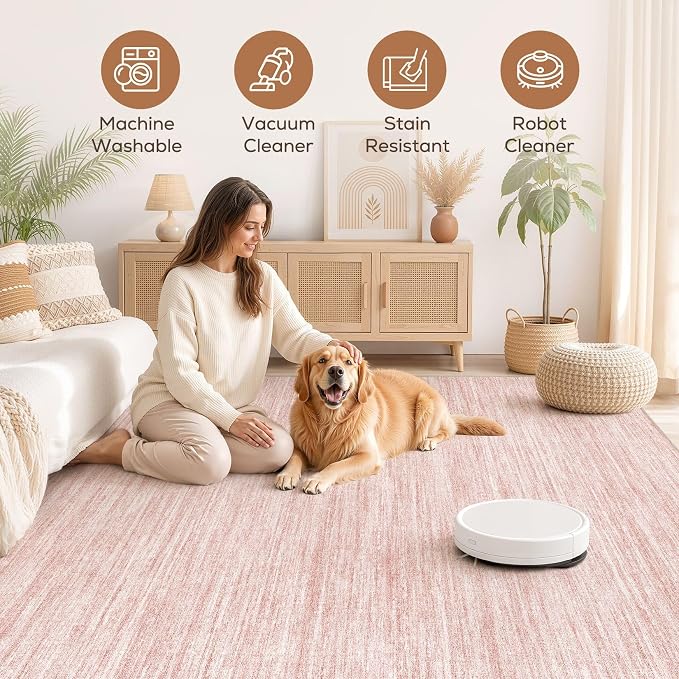 Nakagishi 6X8 Area Rugs Living Room: Washable Large Vintage Rug Neutral Non-Slip Soft Stain Resistant Indoor Carpet for Bedroom Nursery Dining Room Office Playroom - Pink