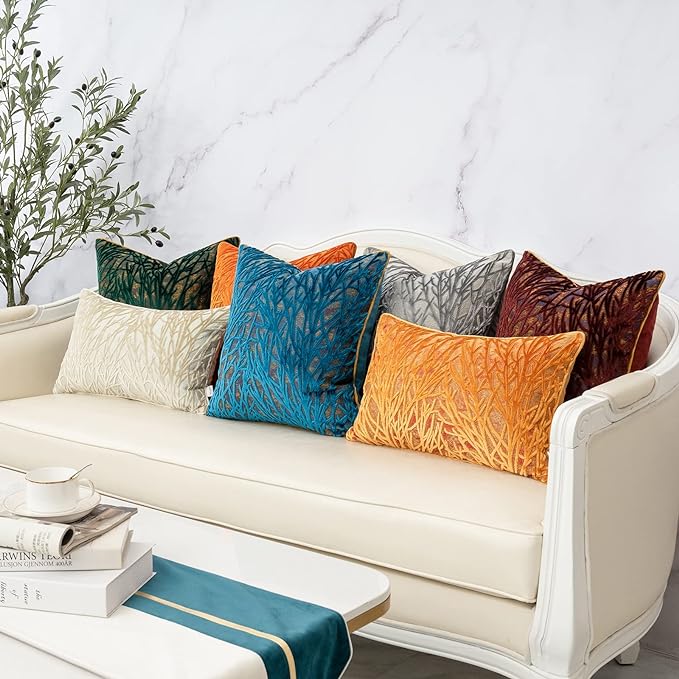 Burnt Orange Twigs Throw Pillow Cover Branches Velvet Cushion Case Neutral Pillowcase for Sofa Couch Bedroom Living Room Home Decor,20x20 Inch