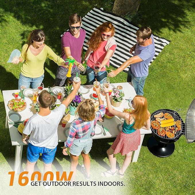 Electric Outdoor Grill Techwood 15-Serving Indoor/Outdoor Electric Grill for Indoor & Outdoor Use, Double Layer Design, Portable Removable Stand Grill, 1600W, Silver
