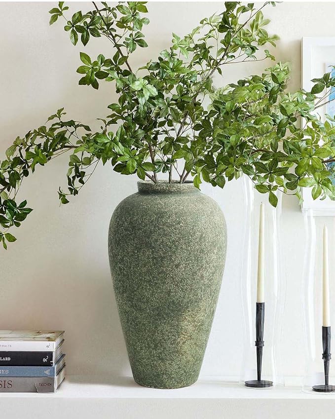 Green Ceramic Vase 11 Inch, Large Tall Decorative Vase for Centerpieces, Farmhouse Rustic Flower Vase for Home Decor, Living Room, Console, Wedding