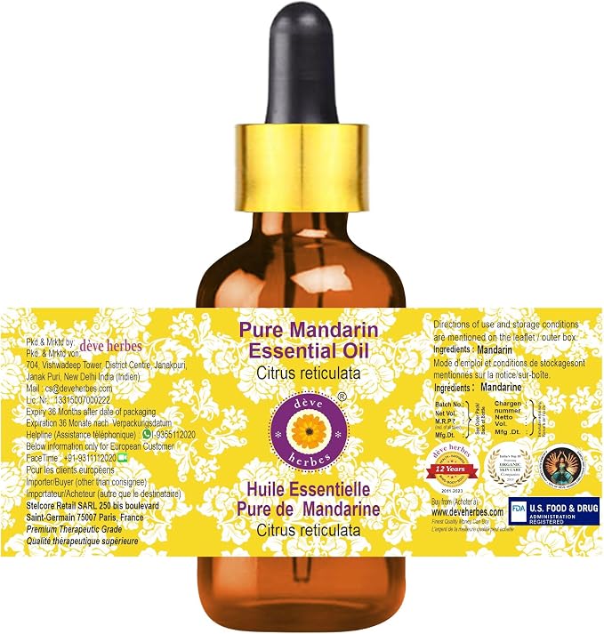 Deve Herbes Pure Mandarin Essential Oil (Citrus reticulata) with Glass Dropper Steam Distilled 30ml (1 oz)