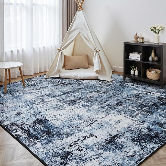 Rugflix 5x7 Area Rugs for Living Room, Washable Navy Blue Dark Large Rug | Machine Washable; Stain-Resistant; Low Pile; Non-Slip; Modern Abstract; Black Carpet for Bedroom Dining Office Nursery Home