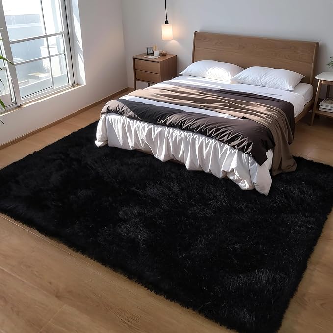 3x5 Black Fluffy Shag Rug for Bedroom, Plush Washable Carpet | Area Rug for Living Room, Kids Nursery, Boys Girls Dorm Room, Non Slip Shaggy Floor Carpet