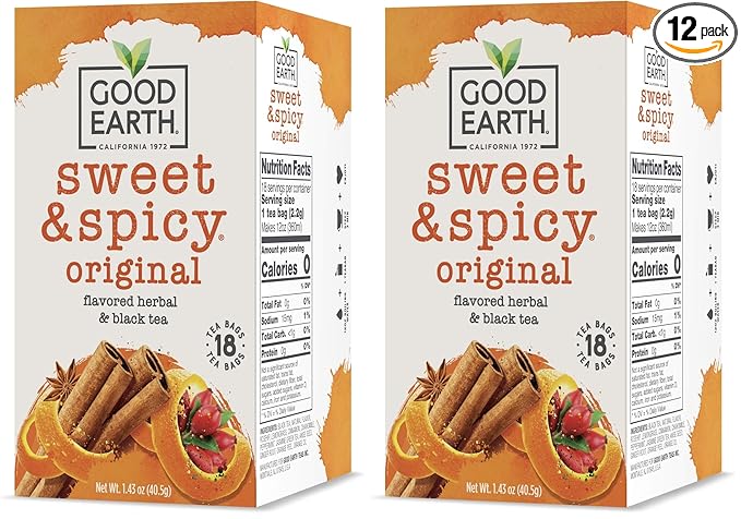 Good Earth Herbal & Black Tea, Sweet & Spicy, 18 Count Tea Bags (Pack of 12) (Packaging May Vary)