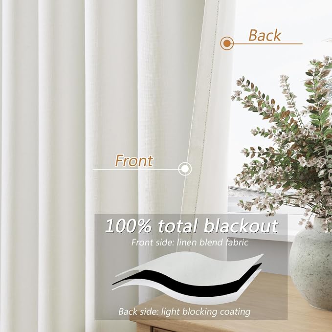 Guken Ivory 100% Blackout Linen Curtains 95 Inch Length 2 Panels Set for Living Room Bedroom Back Tab Thermal Insulated Black Out Drapes Room Darkening Farmhouse Window Curtains 95 Inches Long