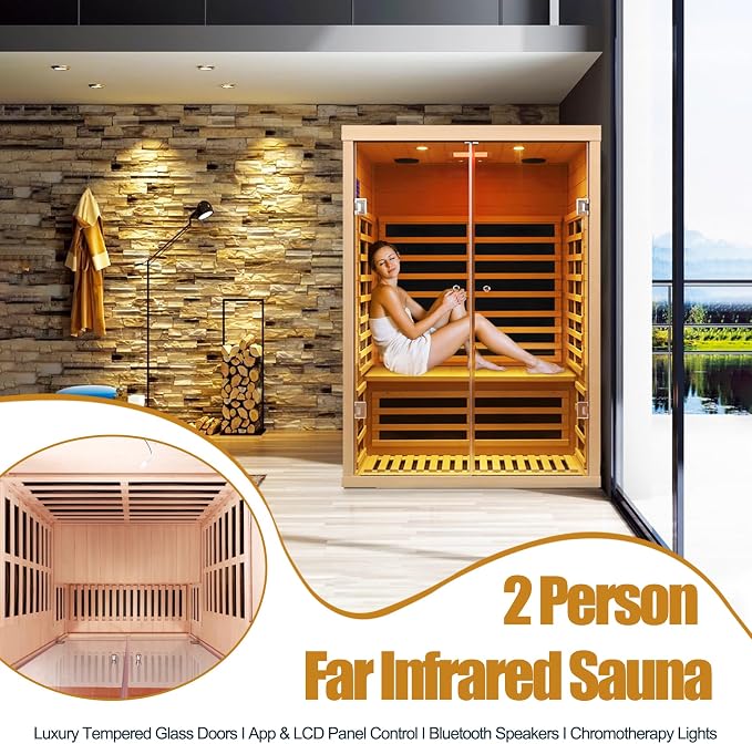 2 Person Infrared Sauna, Low EMF Far Infrared Sauna Hemlock Wooden Sauna for Home, 1780W Indoor Sauna with App & LCD Panel Control, Tempered Glass Doors