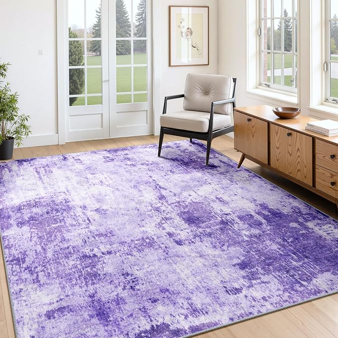 RELEANY Washable 4'x6' Abstract Area Rug for Living Room Purple | carpet for bedroom, kitchen, office, hallway and entryway, printed pattern, non-slip, soft, stain-resistant, easy to clean