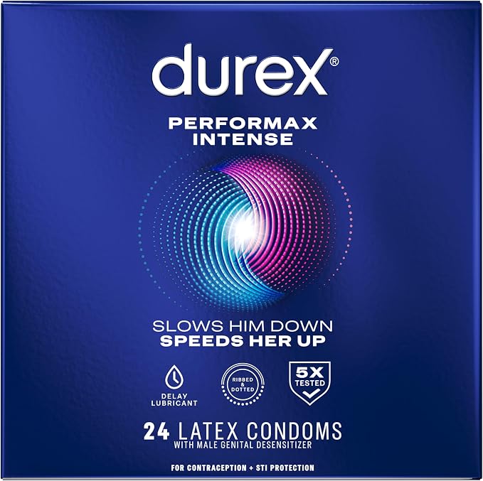 Durex Performax Intense Condoms with Delay Lubricant, Ribbed & Dotted Latex Condoms for Men, 24 Count