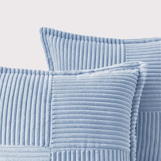 MIULEE Decorative Throw Pillow Covers for Couch 18x18 Inch Light Blue | 2 Pack, Boho Broadside Striped Patchwork Pillow Covers, Soft Corduroy Cushion Cases, For Sofa Bed Livingroom Home Decor