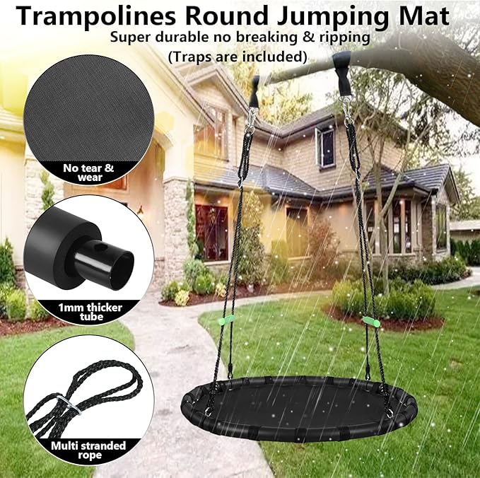 Tree Swing with PP Mat - Durable, Safe, and Easy to Install,Black Outdoor Saucer Swing,Flying Saucer Circle Swing for Yard Garden Playground Park (40 inches Diameter+Extra Straps)