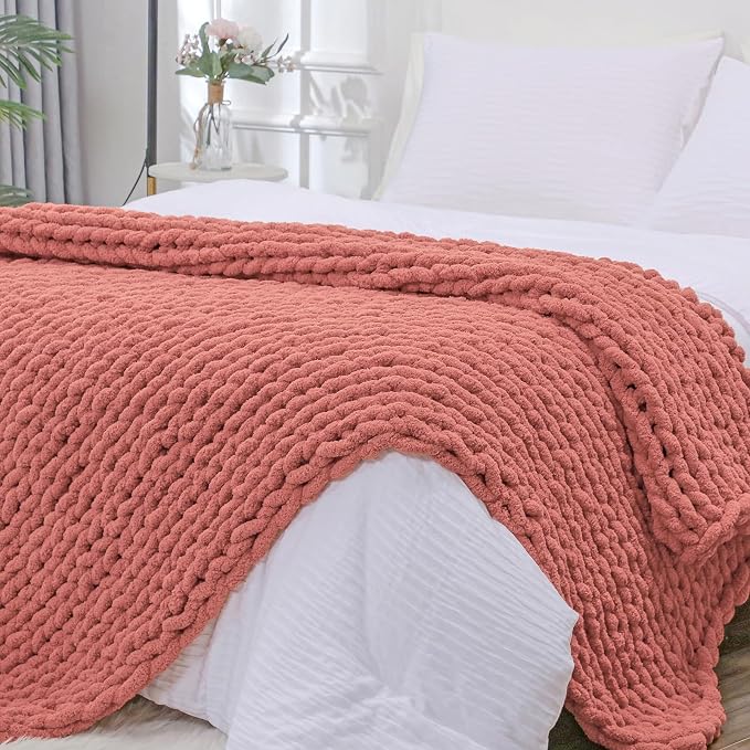 Bigacogo Chunky Knit Throw Blanket for Couch, 51x63 inches, Antique Red | Hand Knit with Jumbo Chenille, Soft Breathable Cable Knit for Sofa Bed Living Room, Machine Washable, Gift for Mom Friend