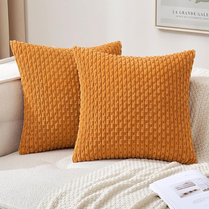 MIULEE Decorative Throw Pillow Covers 16x16 Fall Burnt Textured Corduroy | Orange Pack of 2 Striped Pillow Covers Modern Farmhouse Autumn Home Decor for Couch Bed Sofa Living Room