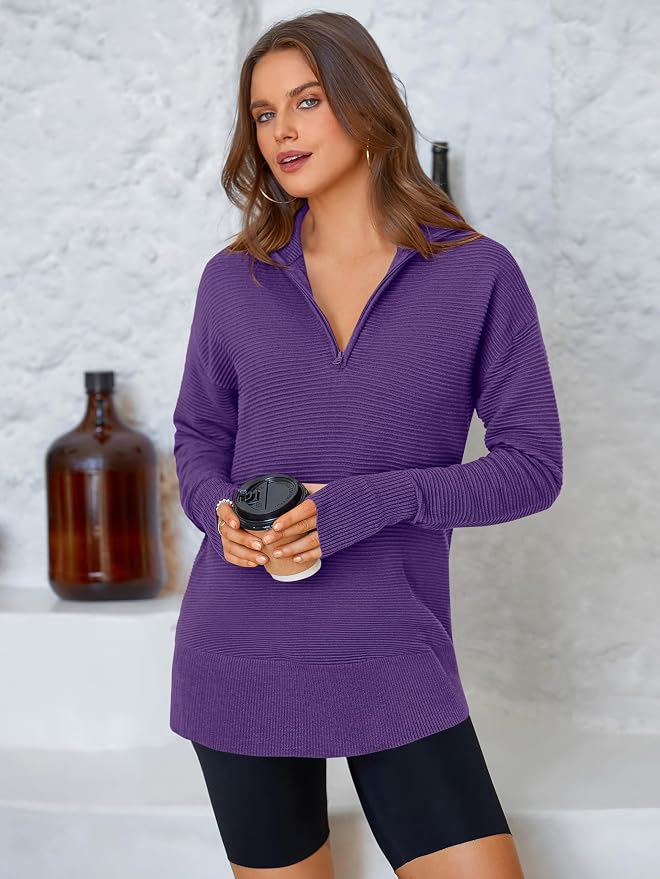 PRETTYGARDEN Womens Long Sleeve Quarter Zip Pullover Sweater Casual Loose V Neck Collared Ribbed Knit Jumper Tops Thumb Hole