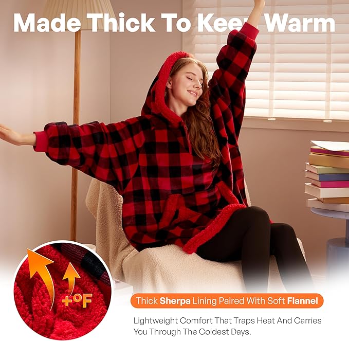 Giggling Getup Wearable Blanket Hoodie for Adults Gifts for Teen Girls Sister Women Sherpa Fleece Printed Hooded Blanket Sweatshirt Warm Cozy with Pocket & Sleeves Red and Black Plaid