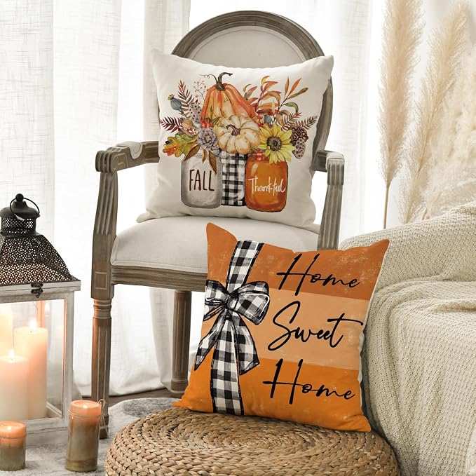 AVOIN colorlife Fall Pumpkin Home Sweet Home Throw Pillow Covers, 16 x 16 Inch Autumn Thankful Grateful Blessed Harvest Floral Orange Decorations for Sofa Couch Set of 4