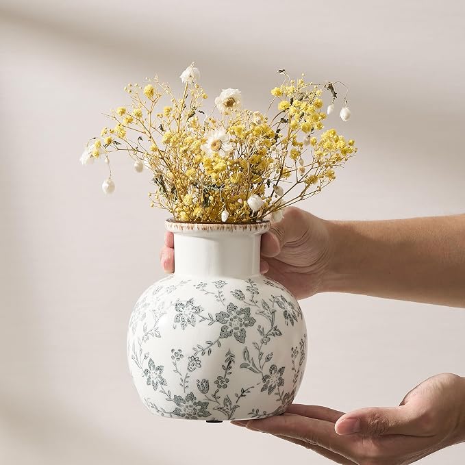 SIDUCAL Ceramic Vintage Vase, 5.91 Inch Retro Ice Cracked Chinoiserie Floral Vase, Rustic Farmhouse Vases for Home Decor, Bookshelf, Garden, Chinoiserie Decor, Tuscan Decor, Gray Floral Pattern