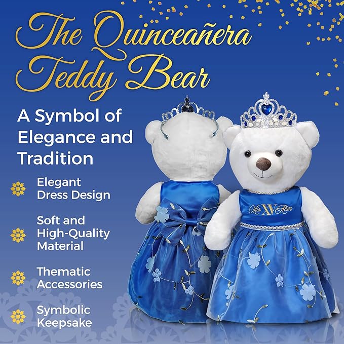 Quinceañera Teddy Bear 18-inches Tall with Dress for 15th Birthday, Quince Bear with Matching Crown, Ideal Keepsake for 15th Birthday, Mis XV Años - Dark Blue