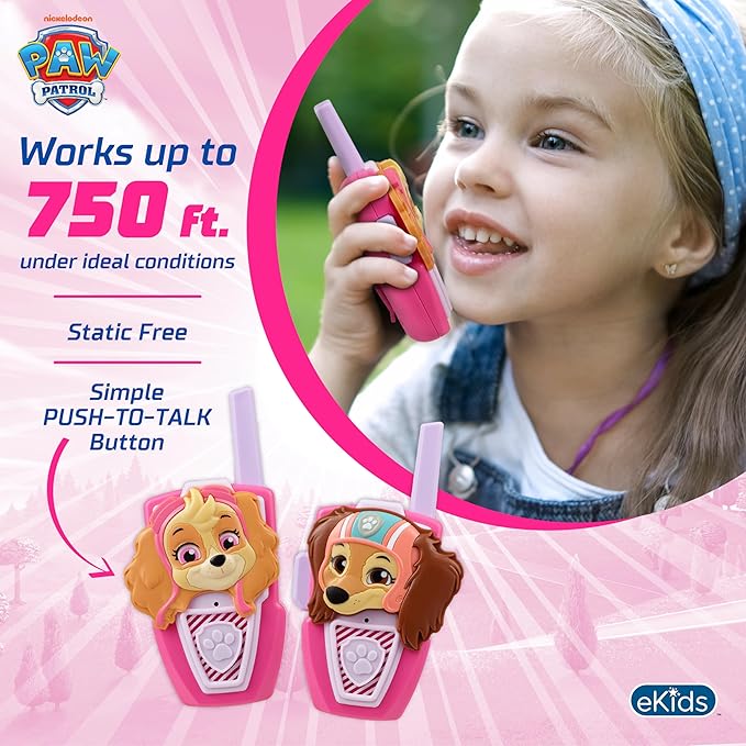 eKids Paw Patrol Skye Liberty Walkie Talkies for Kids, Static Free and Extended Range, Indoor and Outdoor Toys (Skye Liberty)