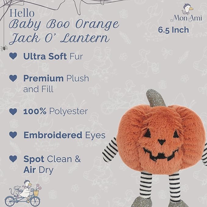 MON AMI Baby Boo Jack O' Lantern Plushie – 6.5” Orange Halloween Pumpkin Stuffed Toy with Striped Arms & Legs | Spooky Plush Toy Gift for Boys, Girls, Toddlers | Perfect for Halloween Prop & Décor