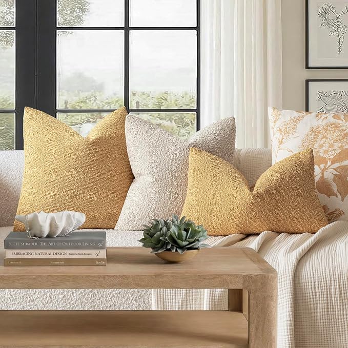 Foindtower Set of 2, Decorative Textured Boucle Throw Pillow Covers Accent Solid Pillow Cases Neutral Couch Cushion Case for Chair Sofa Bedroom Living Room Home Decor 26x26 Inch Light Yellow